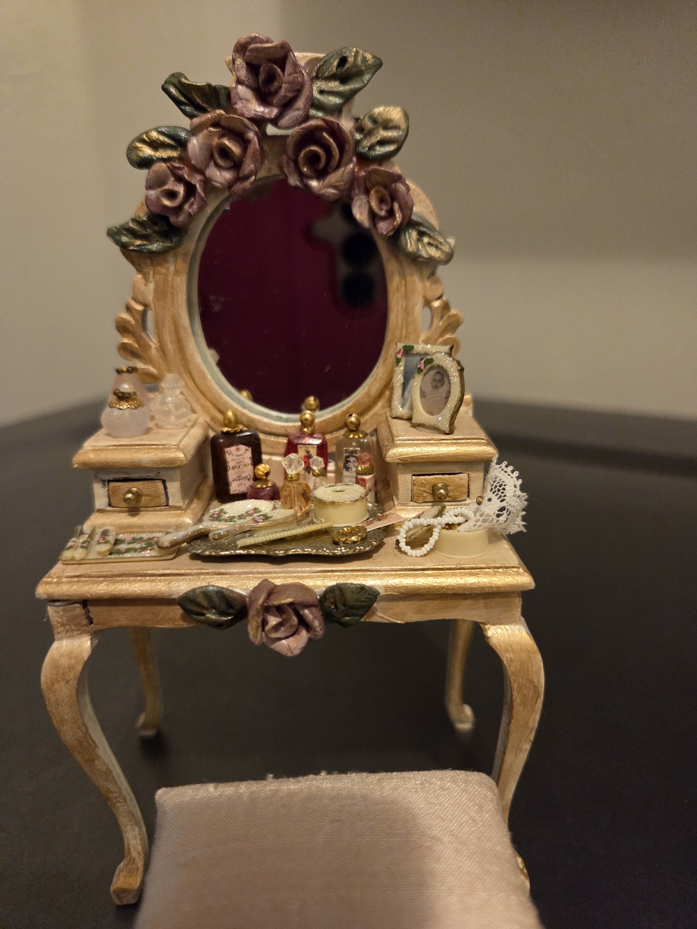 Minature Gold and Pink Floral Vanity Table Decorative Accent